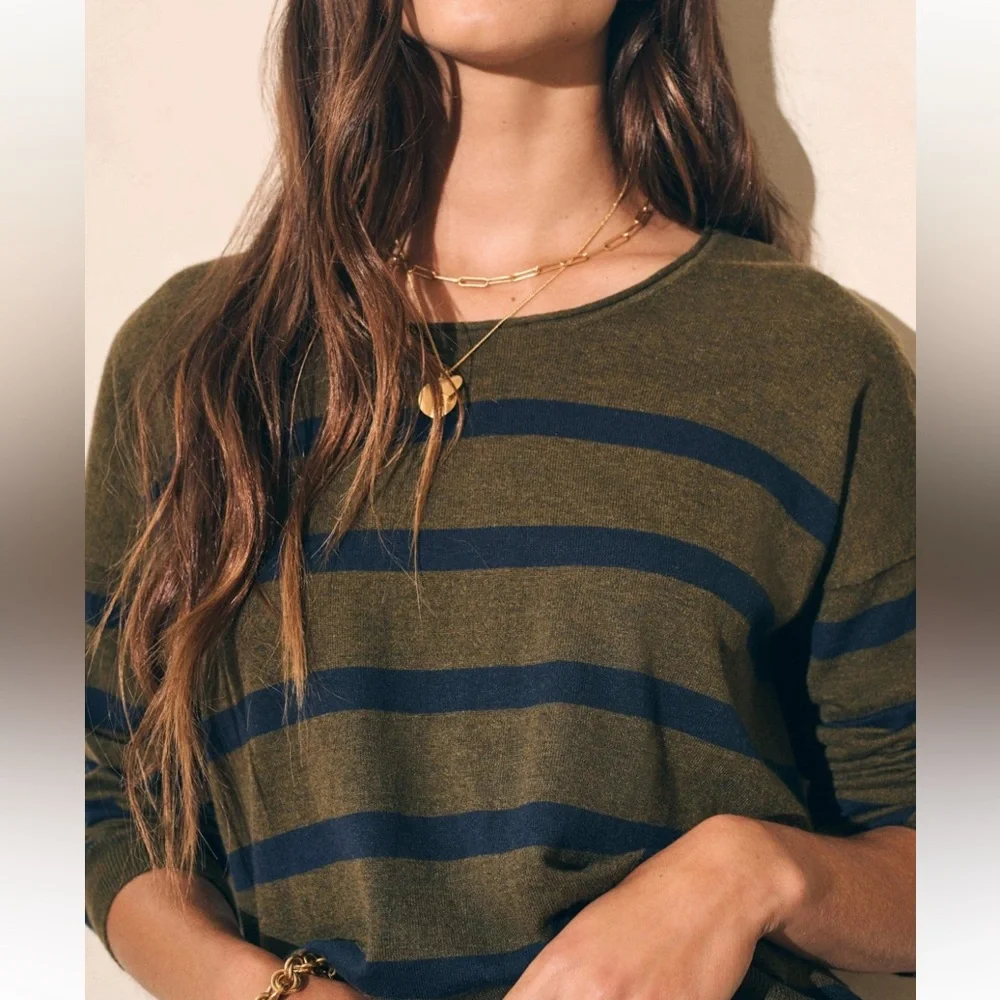 Faherty Golden Hour Crewneck Sweater in Olive Green & Navy Striped